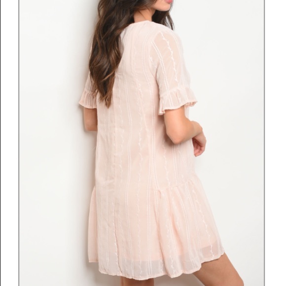 Light Peach round neck crochet trim tunic dress - Picture 2 of 6